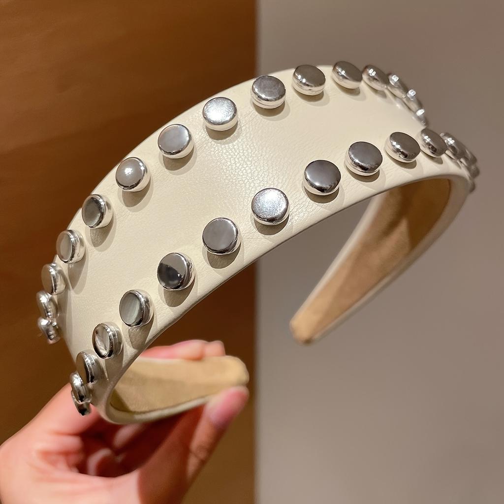 1Pc Women'S Fashionable High-End Large Rivet Leather Wide-Brimmed High-Crown Headband, Suitable For Everyday Casual Wear, Versatile For Concealing