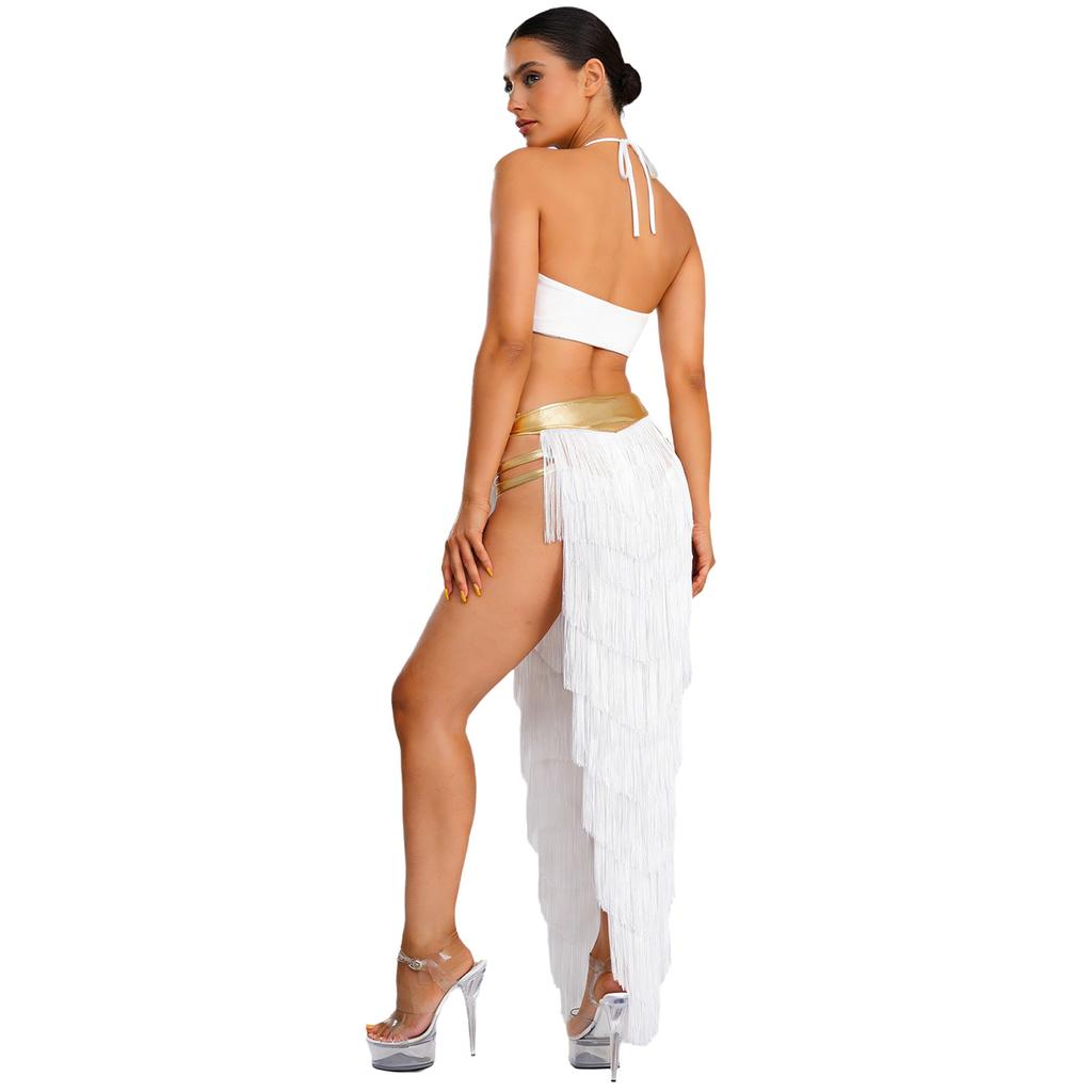 Womens Fringed Dance Outfit Halter Top Lace Up Gold Trim Crop Top Irregular Hem Slit Tiered Skirt