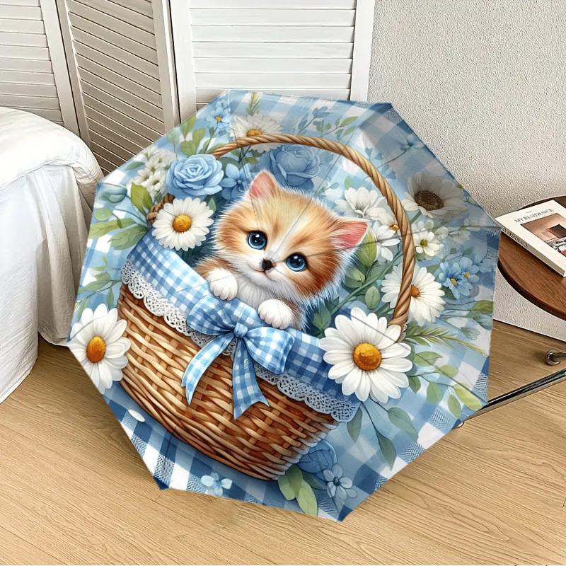1pc Kitten Basket Automatic Folding Umbrella, 8 Ribs Iron Frame, Suitable for Outdoor Travel and Daily Use yy251120256