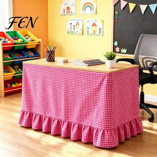 Full Enclosed Desk Wrap Gingham Ruffled Table Skirt, Cottagecore Teacher Skirt for Classroom, Plaid Tablecloth Birthday Wedding Baby Shower