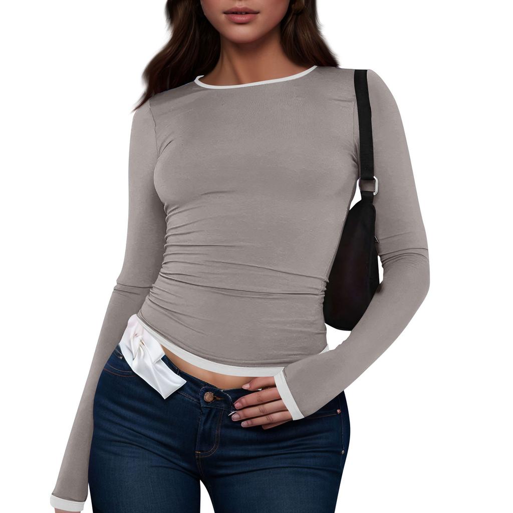 Women's Fashion Solid Colour Round Neck Long Sleeve T-Shirt Top