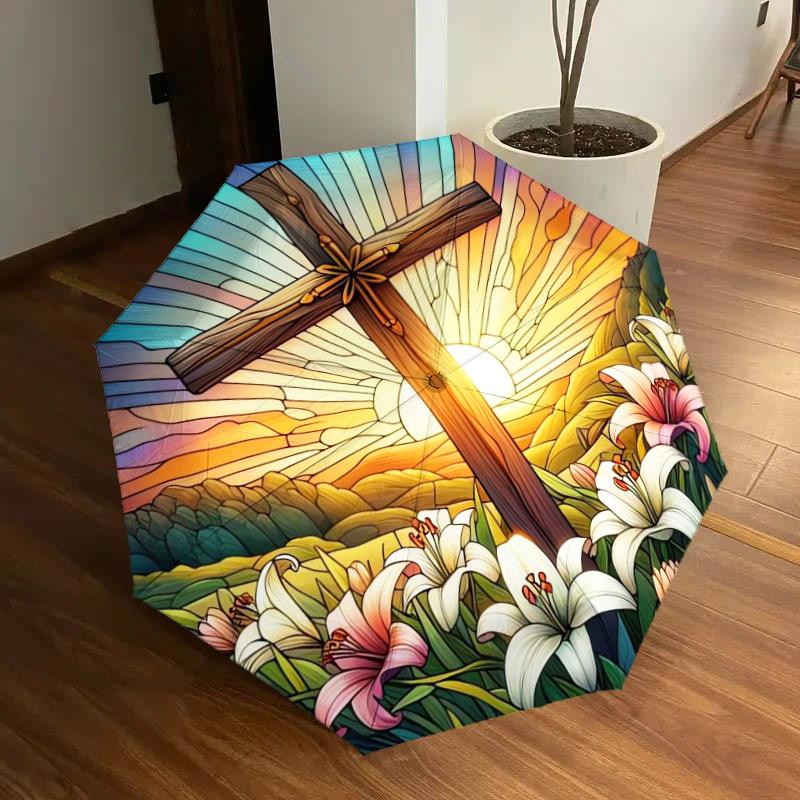 1pc Stained Glass Cross with Lilies Umbrella with Plastic Handle,Suitable for All Seasons Home Travel Outdoor UmbrellaDD364