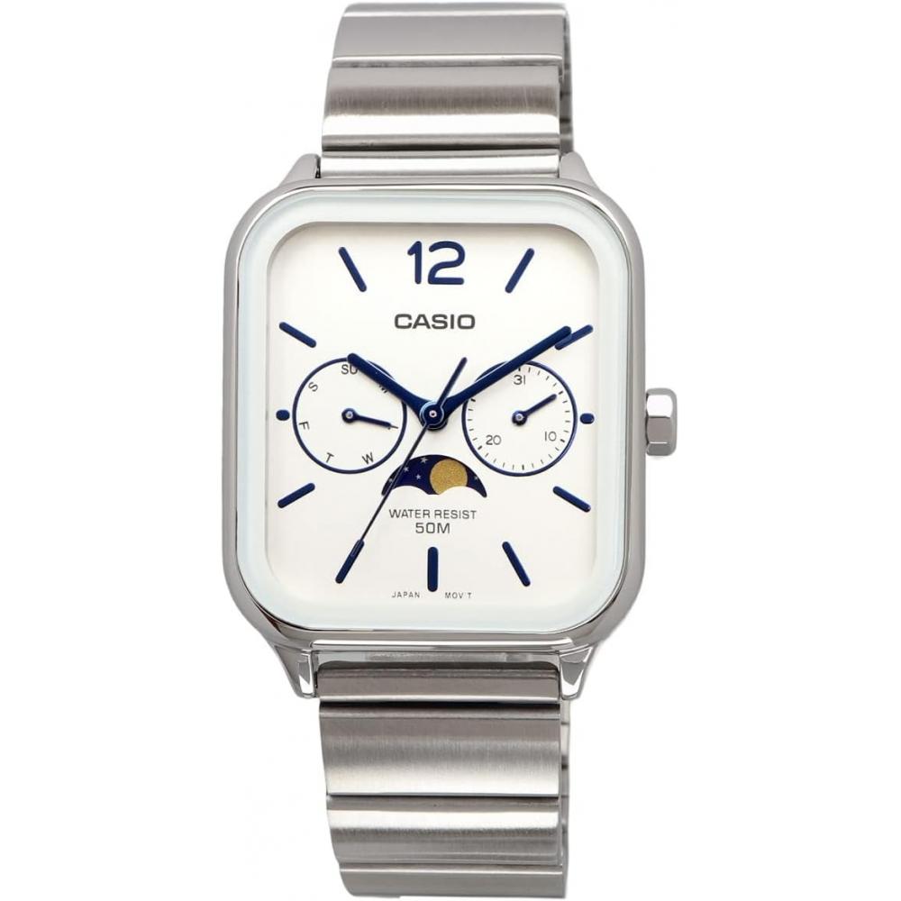 CaSio Men S Analog Moon phaSe Watch Metal Band Silver Mtp M305d 7av