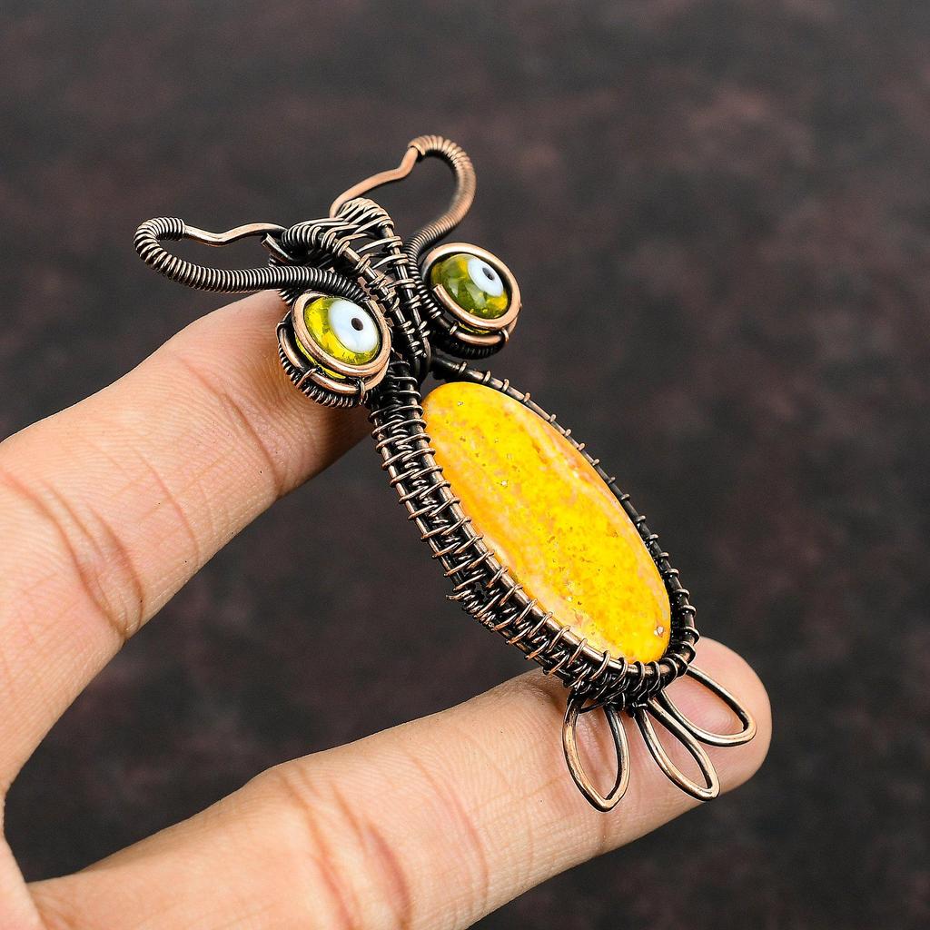 Подвеска из яшмы шмеля, медная проволока, обернутая драгоценным камнем, желтая подвеска от сглаза, ручная работа, подвеска в виде совы, медные украшения для подарка