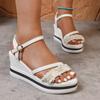 Pearl Flock Wedges Sandals for Women 2025 Crystal Ankle Buckle Party Shoes Woman Thick Sole Chunky Platform Shoes Mujer