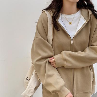 Плюшевая толстовка с капюшоном, женское толстое пальто, осенне-зимнее американское оверсайз, ретро, хаки, теплый кардиган на молнии