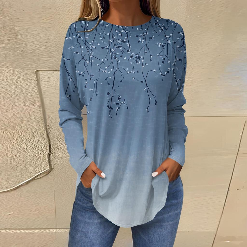 Женская свободная футболка с длинным рукавом с круглым вырезом и принтом, верхний пуловер