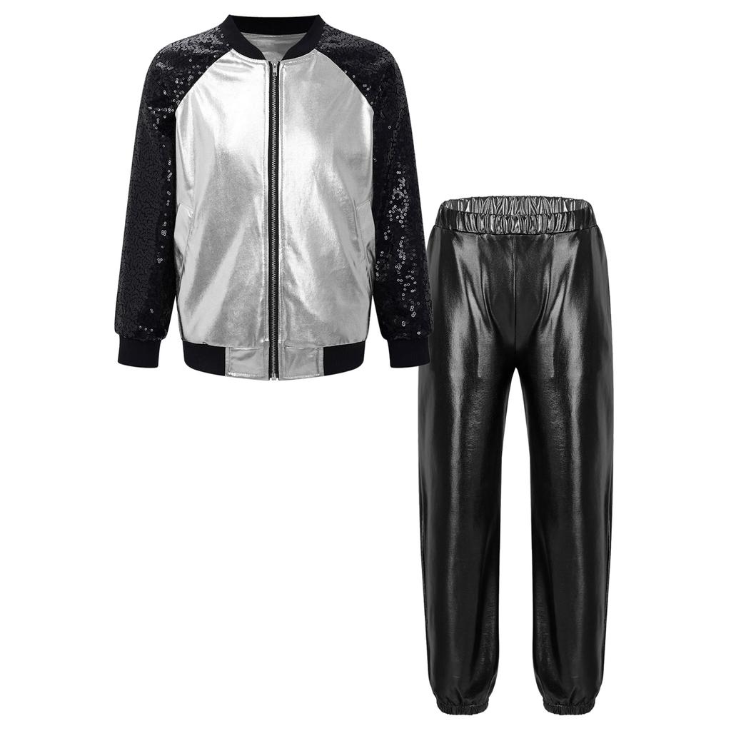 Детская куртка на молнии с длинными рукавами и блестками для девочек и штаны цвета металлик для танцевального выступления в стиле хип-хоп