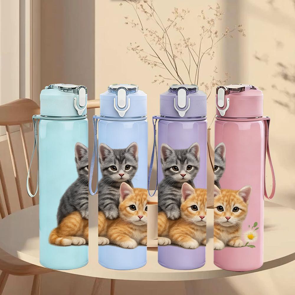 1PC Two Cute Kitten Snuggle Portrait 750ml Color Plastic Sports Water Bottle Leakproof Flip Straw Lid Suitable for Sports Office Home Use