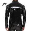 Men Elastic Jacket Faux Leather Smooth Glossy Solid Color Stand Collar Zipper Sexy Closure Long Sleeve Mid Length Party Nightclub Performance