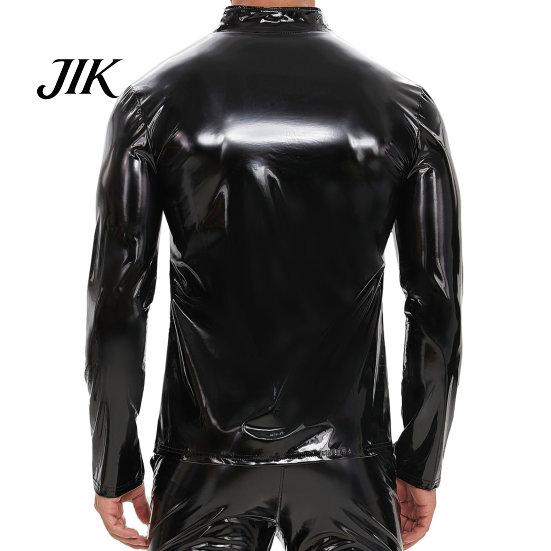Men Elastic Jacket Faux Leather Smooth Glossy Solid Color Stand Collar Zipper Sexy Closure Long Sleeve Mid Length Party Nightclub Performance