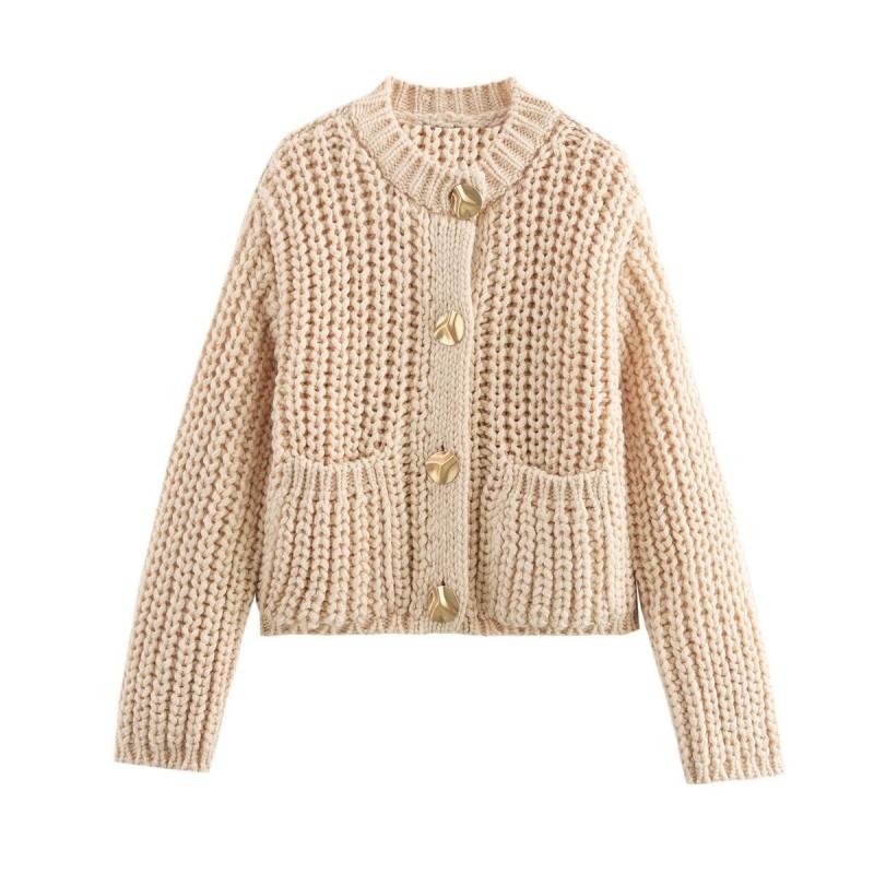 Womens Oversized Knit Cardigan With Pockets Long Sleeve Round Neck Casual Streetwear Winter