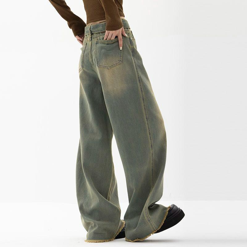 Брюки в винтажном стиле, тянущиеся брюки, джинсы с необработанными краями, женские прямые свободные брюки с высокой талией, широкие брюки High Street