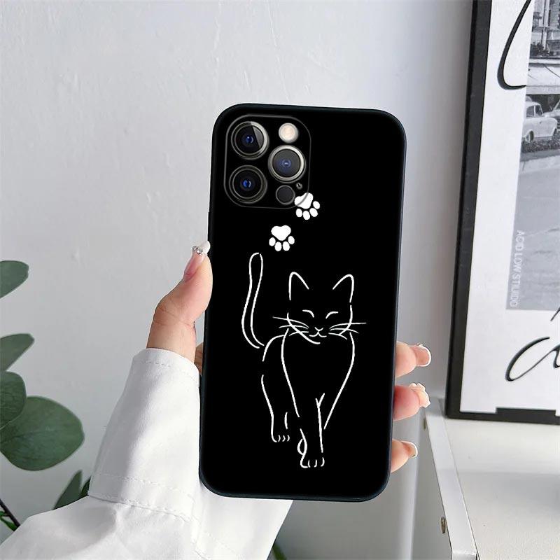 Black Cat Line Phone Case for iPhone 11 15 16 Pro Max Case Coque 14 Plus 13 Pro 12 Mini 11 X XS 16 8 SE2020 15Pro TPU Soft Cover