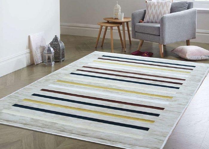Tapis de salon - Tapis Rayures - Beige - 120x180 cm - Antidérapant - Lavable en machine