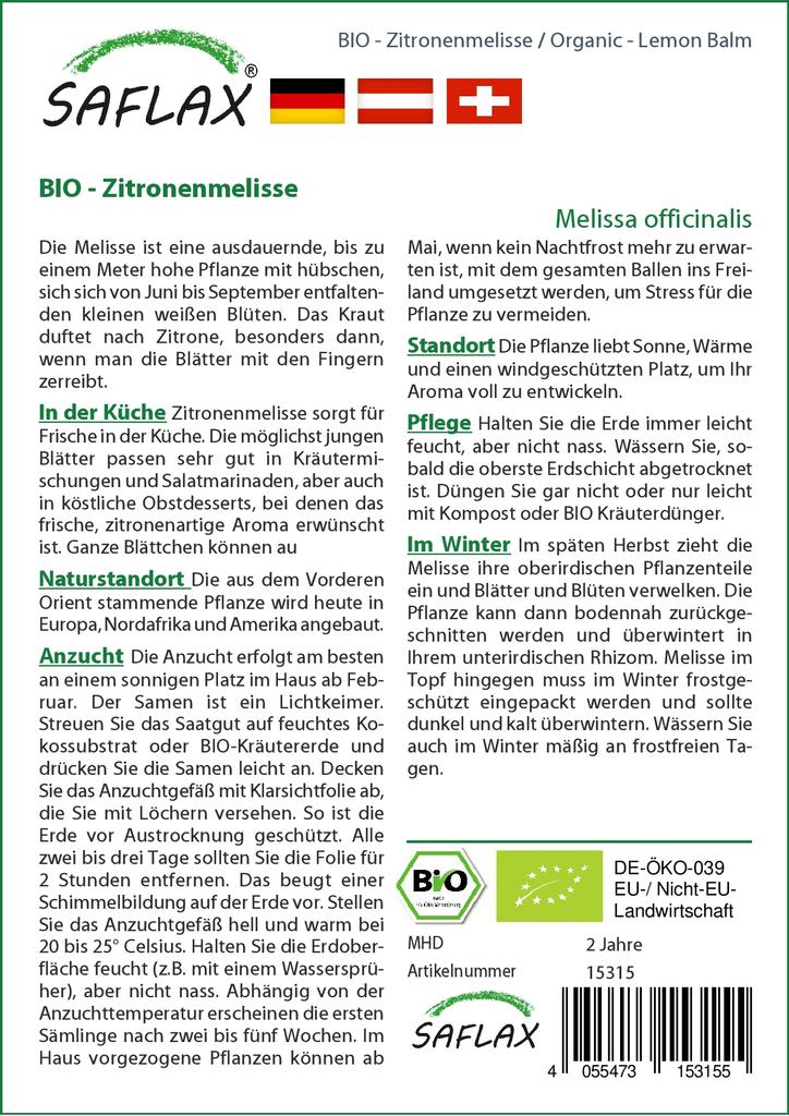 SAFLAX Garden in the Bag - Органический - Мелисса лекарственная - 1000 семян - С субстратом в подходящем стоячем пакете - Мелисса лекарственная