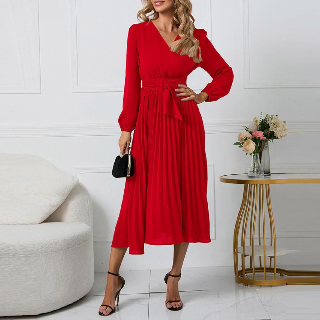 Женское однотонное облегающее платье с длинными рукавами и плиссированным поясом с v-образным вырезом