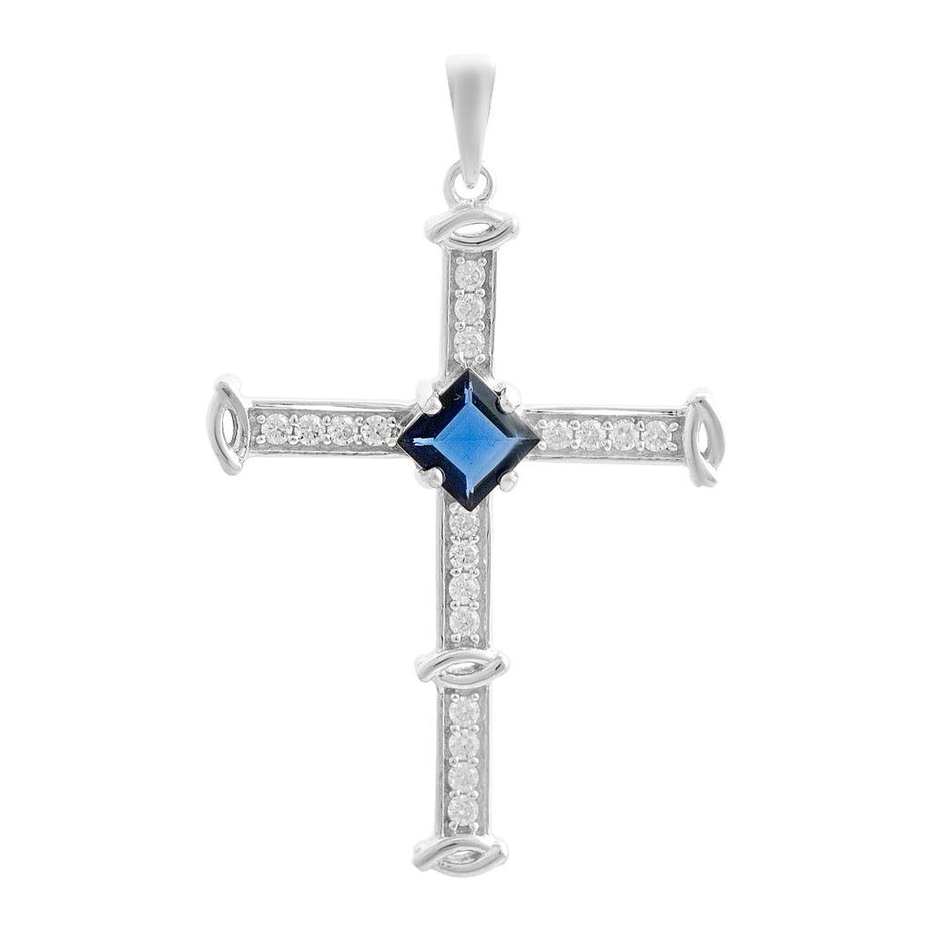 Серебряный крестик с сапфиром nano 1.095ct, фианитами (2206576)