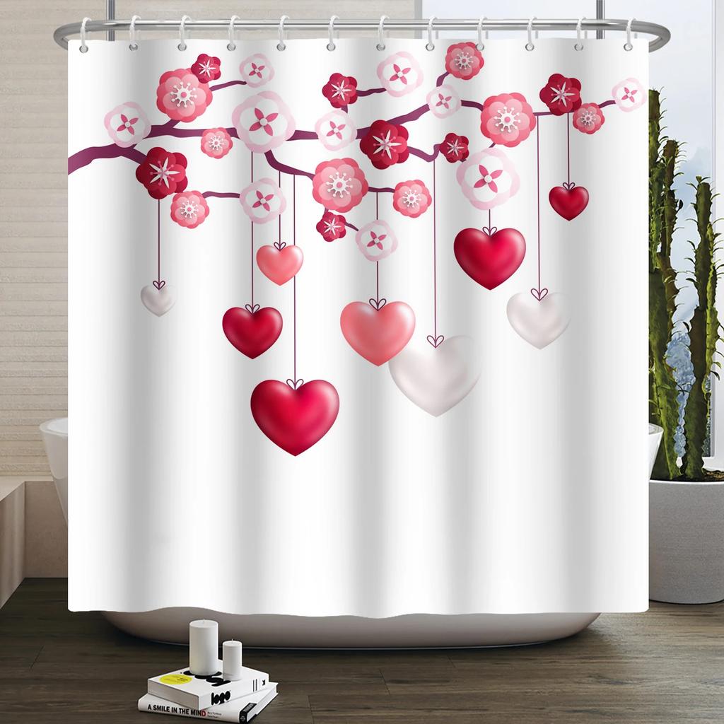 Happy Valentines Day Heart Shower Curtain Red Pink Romantic Falling Love Heart Sweet Lovers Waterproof Bathroom Curtain Decor