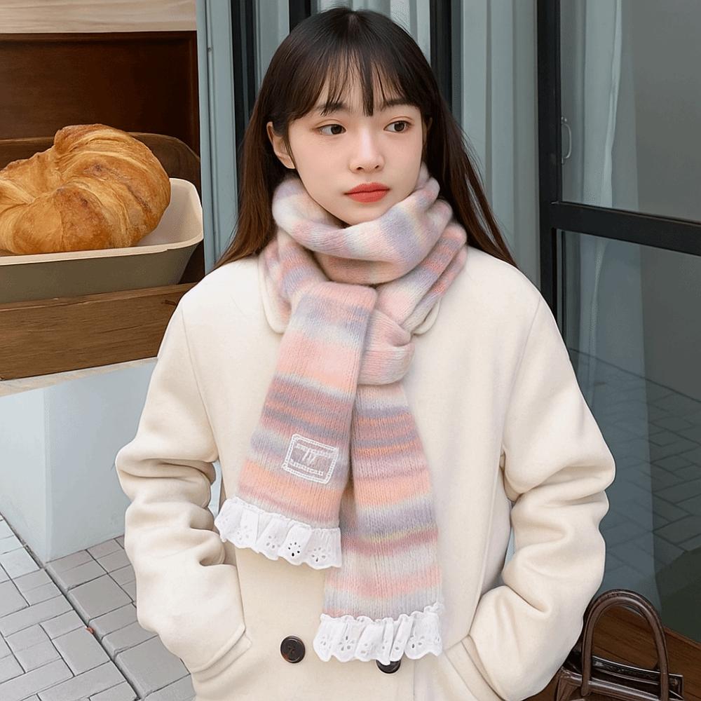 Lace Rainbow Striped Scarf Plush Winter Shawl Fashion Cashmere Knitted Scarf  Daily