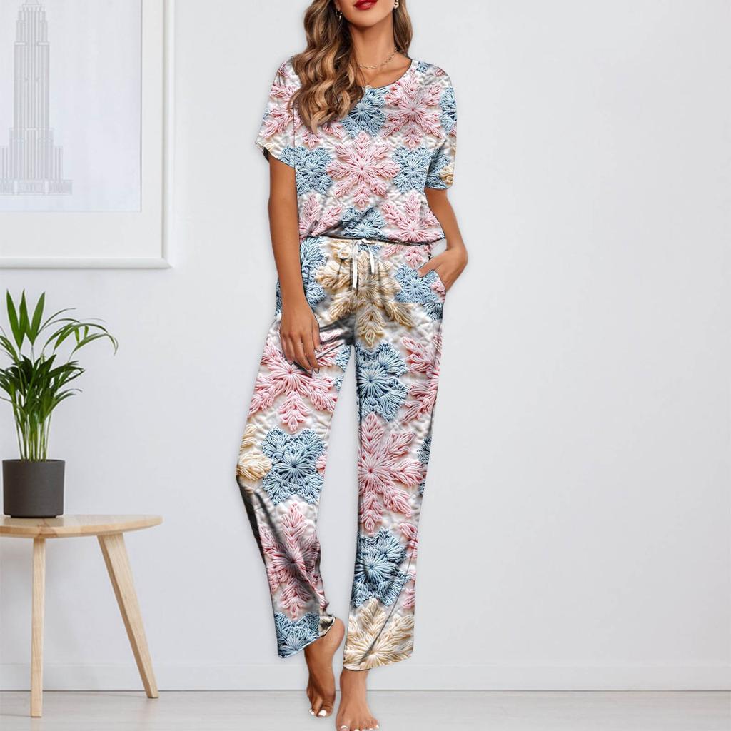 Женский шелковый атласный пижамный комплект с рождественским принтом, рубашка с коротким рукавом и длинные пижамные штаны, мягкая домашняя одежда