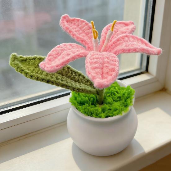 Вязаные комнатные растения Искусственный вязаный цветок лилии с горшком Ручной работы Цветочный подарок для мамы Учителя Женщин Друзей на День Рождения Юбилей