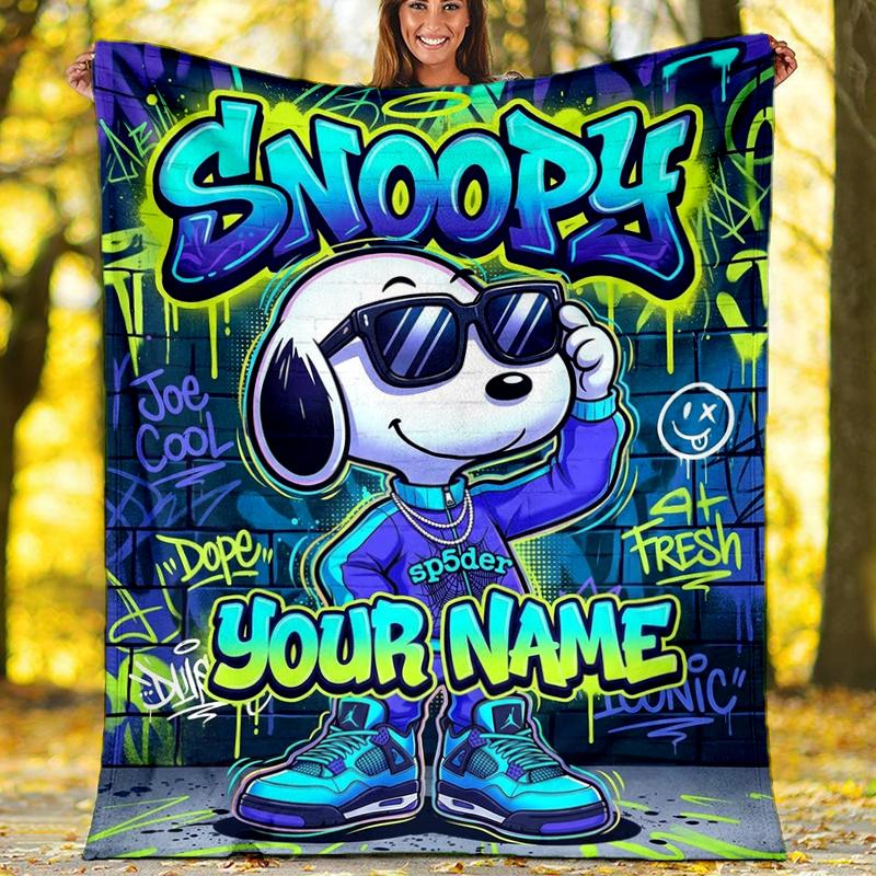 Custom Name Snoopy graffiti art. Flannel Fleece Blanket Cozy Warm Throw Blanket For Couch Bed Travel All Season Use