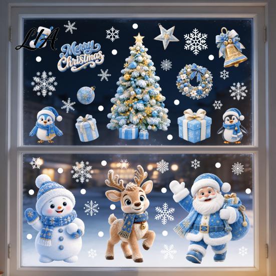 Non Adhesive Window Film 4Pcs Christmas Static Clings, Blue Santa Snowman Reindeer Penguin Gold Decor Stickers, Reusable Double Sided Xmas Holiday