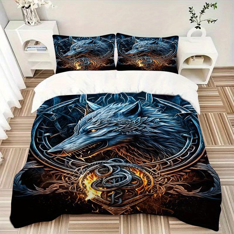 3pcs Wolf Flame Bedding Set Down Comforter Cover and Pillowcases, Suitable for All Seasons(No Insert)-0729070