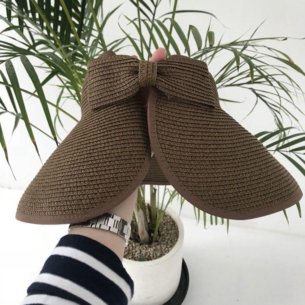 Bow Foldable Hat Sun Visor Big Brim Sun Cap Sun Hat Packable Straw Hat Empty Top Cap Weave Sun Cap
