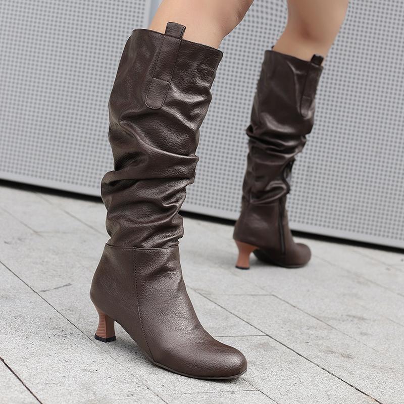 Women's High-heeled Boots Autumn and Winter Simple and Versatile Solid Color Large-size Casual Medium Boots
