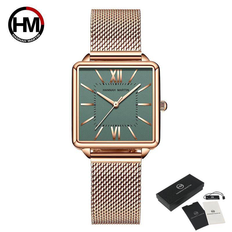Hannah Martin Женские кварцевые часы Японский кварцевый механизм Зеленый циферблат Квадратные часы Модные наручные часы Женские часы из розового золота для женщин