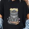 Cute Book Lover Cat T-Shirt, Reading Cat Floral Crown Shirt Gift, Bookish Cat Lover Graphic Tee for Readers Nerds Bibliophiles