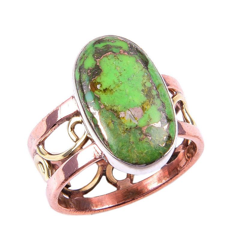Natural Green Copper Turquoise Gemstone 925 Solid Silver TwoTone Ring 7.5US F8u18
