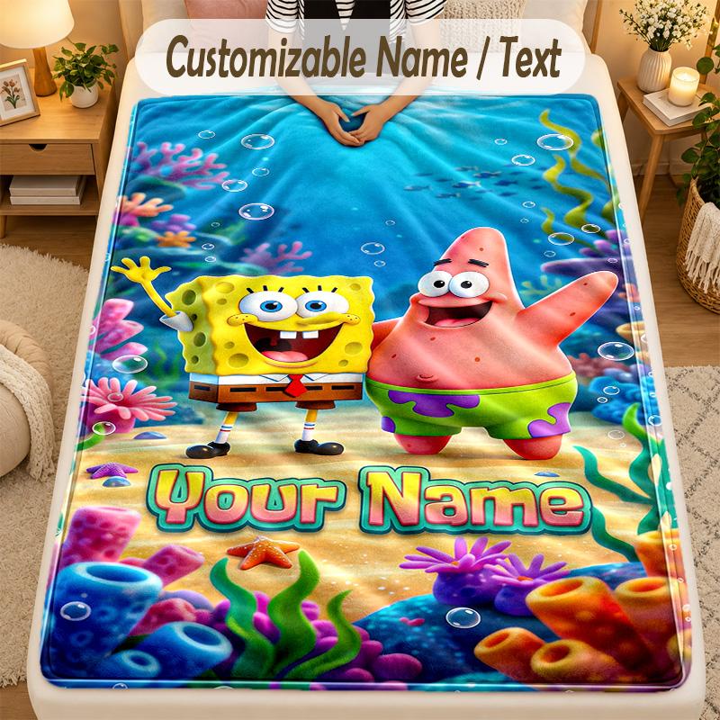 Flannel BlanketSpongeBob Custom Name Text Personalized Soft Warm Throw Blanket Home Decor Gift