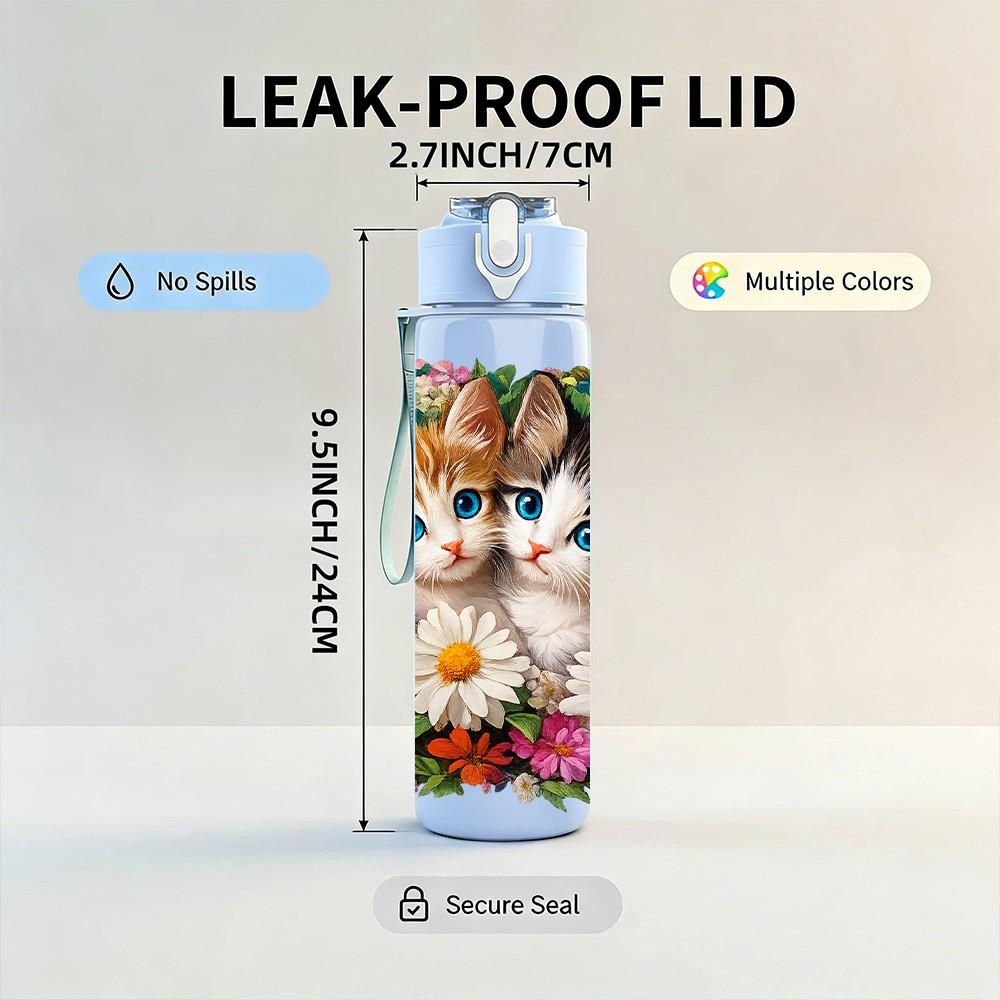 1PC Two Kittens Colorful Floral Print 750ml Color Plastic Sports Water Bottle Leakproof Flip Straw Lid Suitable for Sports Office Home Use