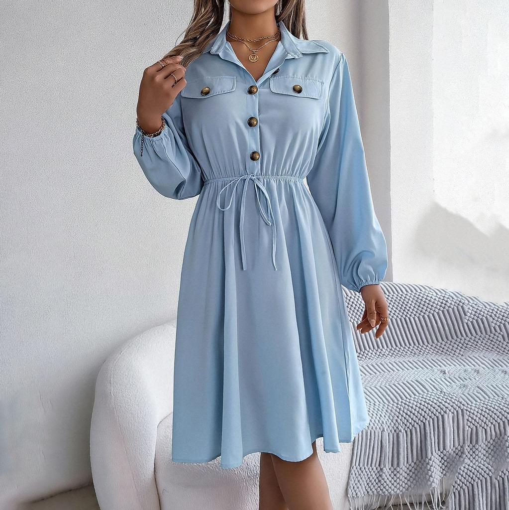 Женские осенние платья повседневные платья-рубашки миди с длинным рукавом и лацканами на пуговицах, с завязкой на талии