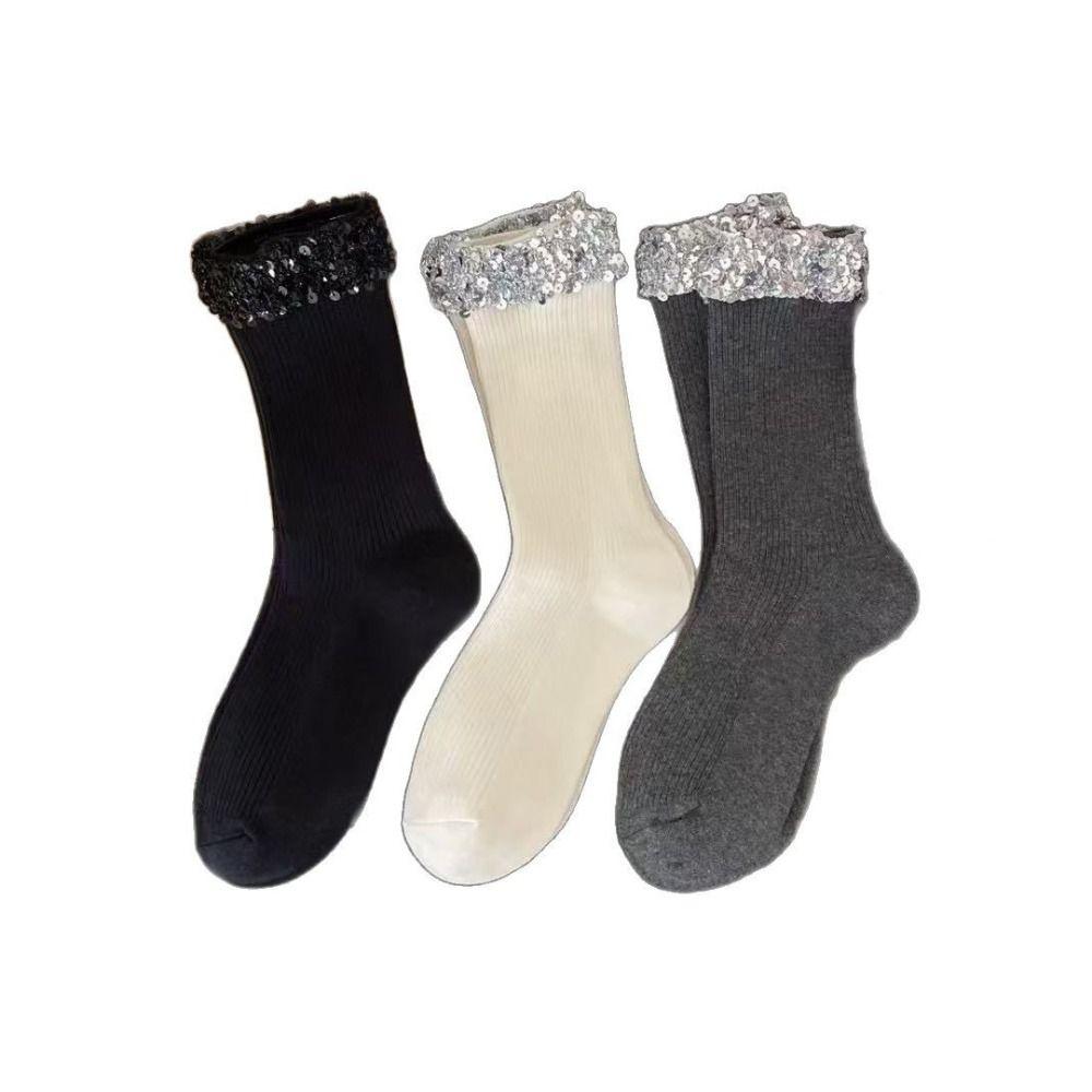 Shiny Sequin Short Socks Solid Color Middle Tube Hosiery Soft Girls Glitter Socks Elastic