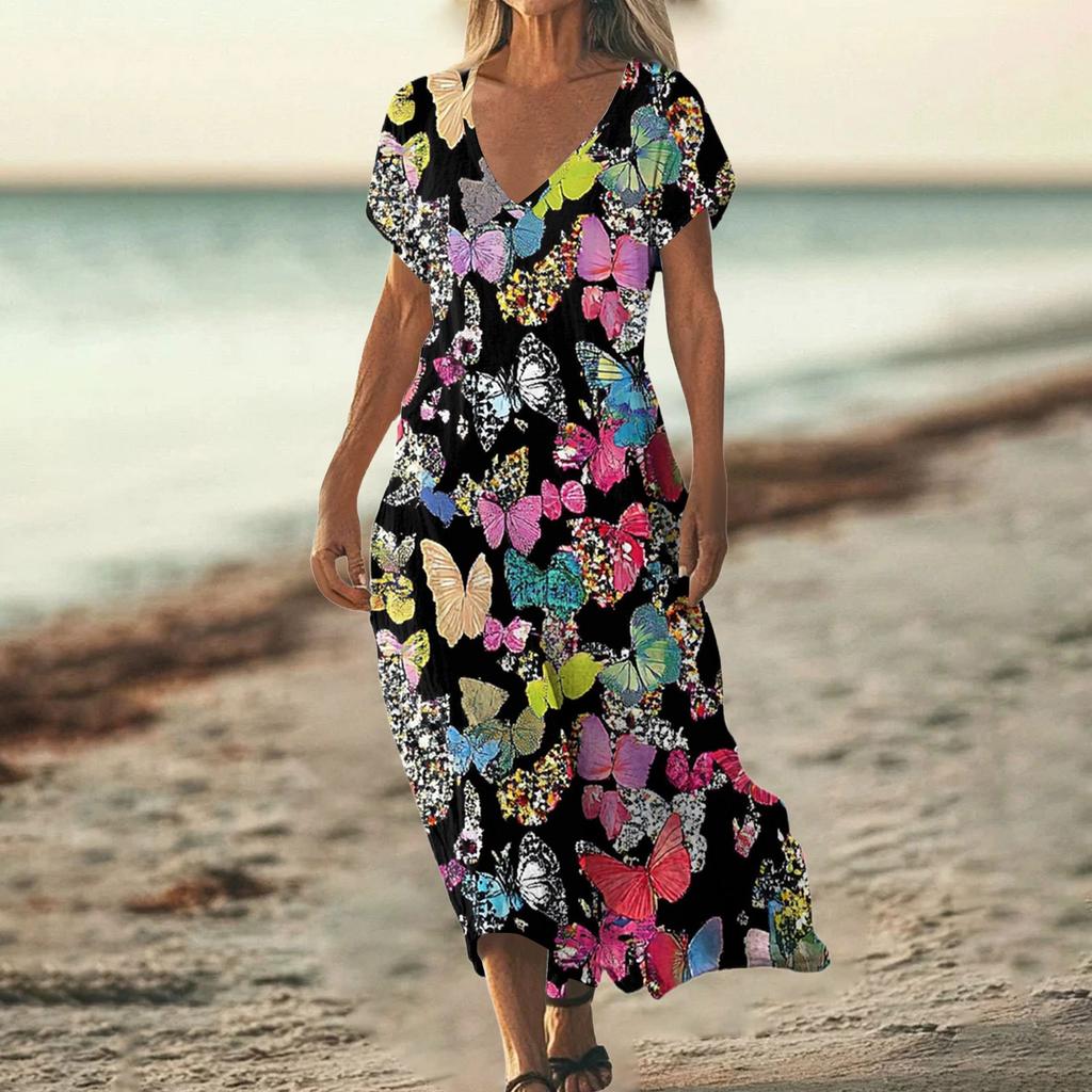 Fashion Women's Summer V-neck Short Sleeve Cotton And Linen Vintage Floral Print Beach Dress