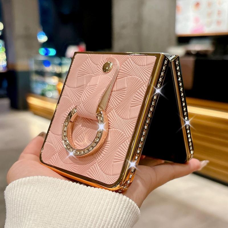 Luxury Solid Color Leather Plating 2pcs Phone Case For Samsung Galaxy Z Flip6 Flip5 Flip4 Flip3 Diamond Frame Shockproof Metal Ring Folding Cover
