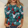 Women's Fashionable Casual Three-Quarter Sleeve Christmas Print Round Neck Top