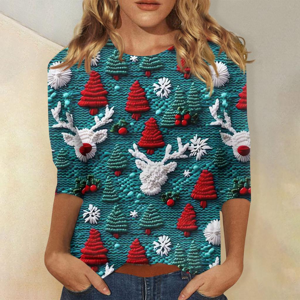 Women's Fashionable Casual Three-Quarter Sleeve Christmas Print Round Neck Top