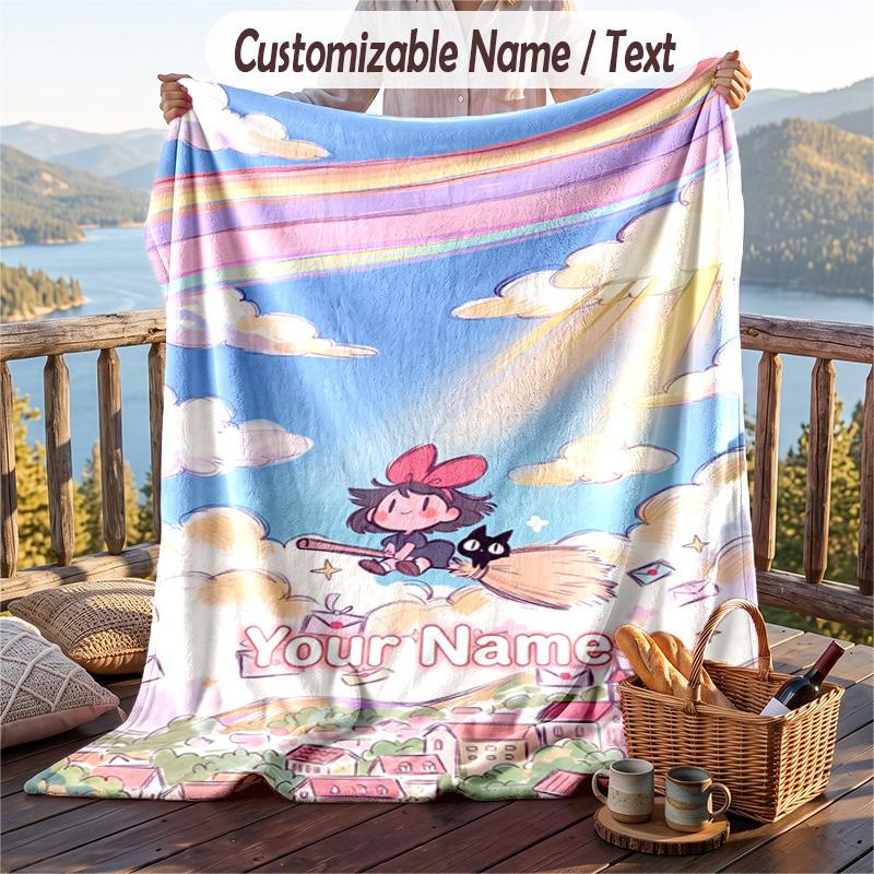 Custom Text Flannel Throw Blanket, Lightweight Cozy Bed Sofa BlanketKiki's Delivery Service Jiji