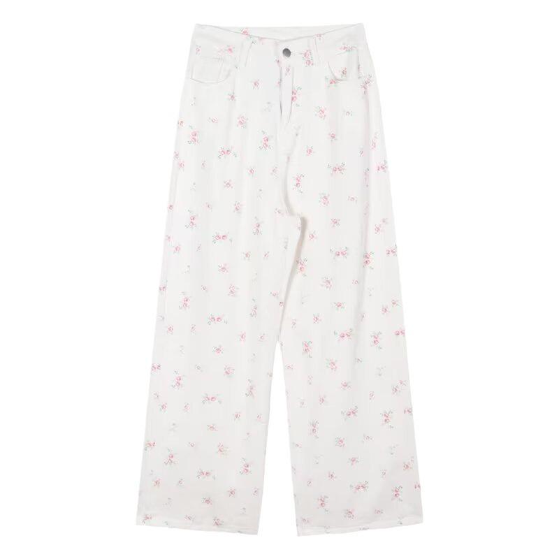 Женские джинсы с высокой талией и широкими штанинами, цветочные мотивы - лето 2024 г., свободный крой, большой размер