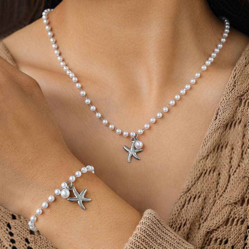Stainless Steel Shell Starfish Pearl Pendant Necklace Set For Women Fashion Gold Color Clavicle Chain Waterproof Jewelry Gifts
