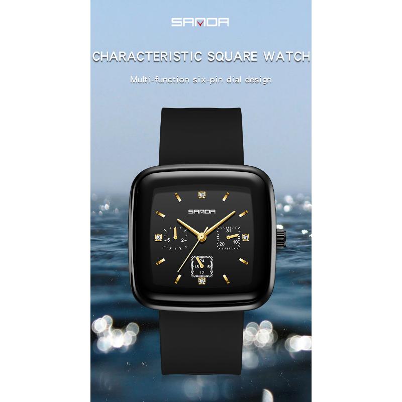 SANDA Новые квадратные кварцевые часы с шестью швами, мужские и женские часы, модные силиконовые Plaza, креативные персонализированные кварцевые часы