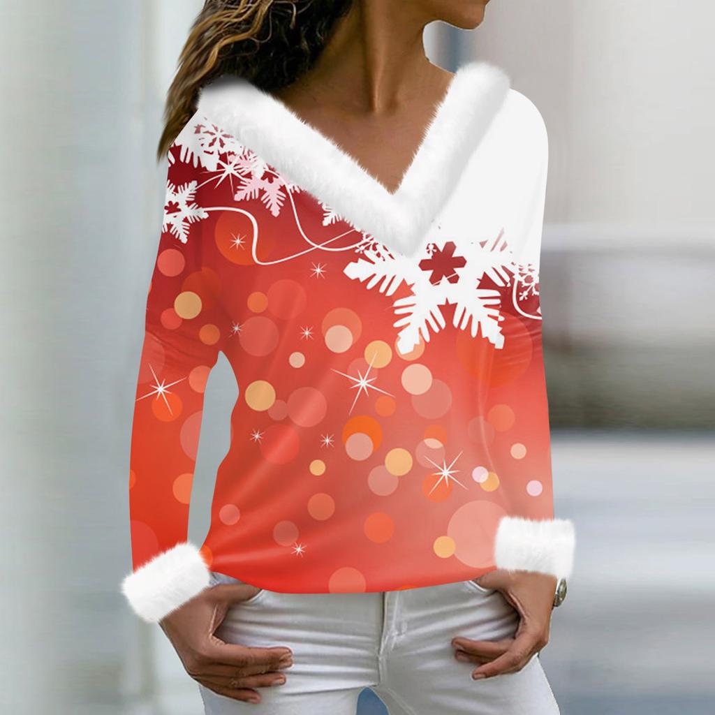Women's Fashion Casual Long Sleeve V-Neck Christmas Printed Plush Top