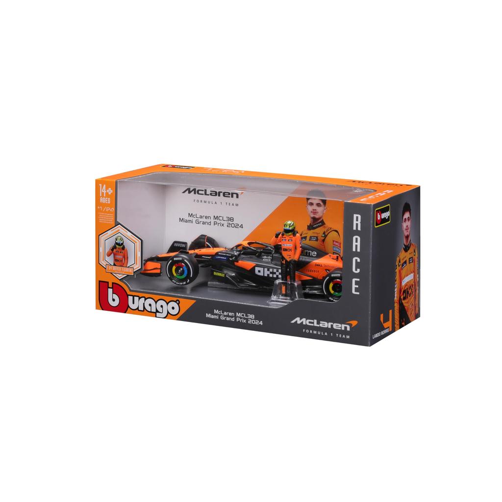Bburago 2024 Model Scale F1 McLaren MCL38 with Lando Norris Figure Race Sports Car Diecast Model Car 1/24 #4 / 18-28040 (#4)