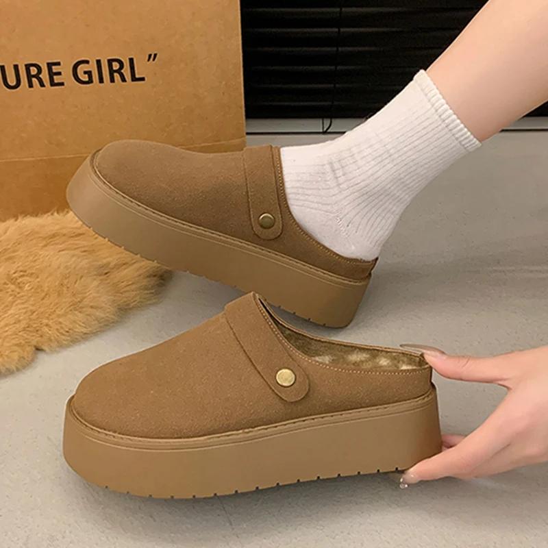Туфли на плоской подошве женские мюли туфли замшевые на платформе новые хлопковые тапочки 2025 тренд короткие плюшевые зимние сапоги для снега домашние уютные женские туфли