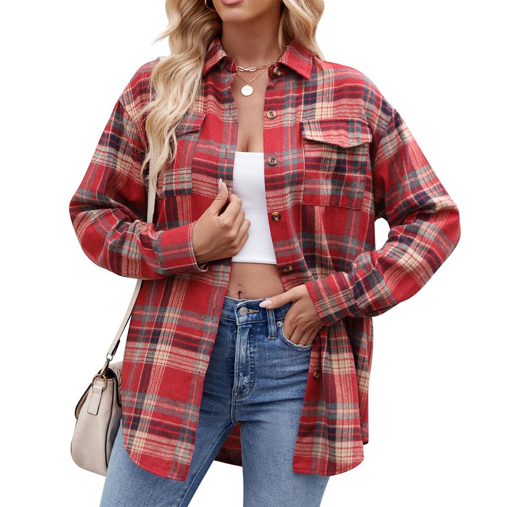 Autumn and Winter Casual Fashion Loose Plaid Pocket Women's Blouses & Shirts